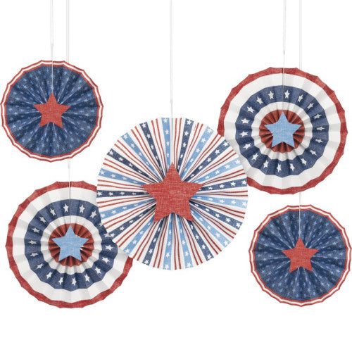 Classic Americana Assorted Paper Fan Decorations with Cutout Stars  5pc