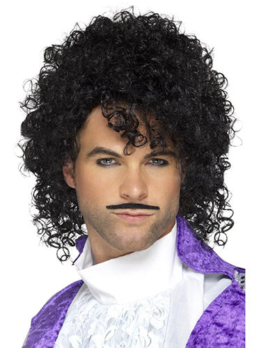 80s Purple Musician Black Curly Wig And Mustache Costume Accessory