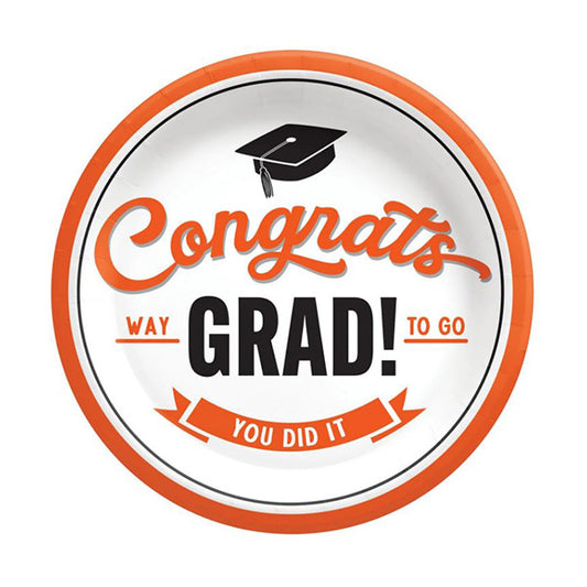 Congrats Grad Orange 9in Round Dinner Paper Plates 8ct