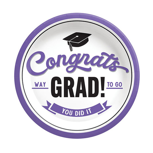 Congrats Grad Purple 7in Round Luncheon Paper Plates  8ct