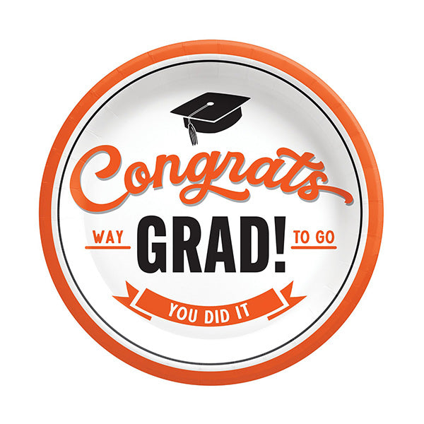 Congrats Grad Orange 7in Round Luncheon Paper Plates 8ct