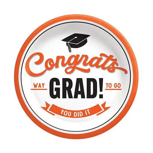 Congrats Grad Orange 7in Round Luncheon Paper Plates 8ct