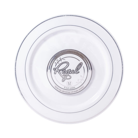 Regal 9in Round White with Silver Rim Plastic Plates 12ct