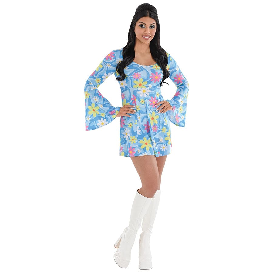 70s mini dress costume Vintage 70s Green Floral Mini Dress: Mod Flower Power Long Sleeve Retro Party Outfit