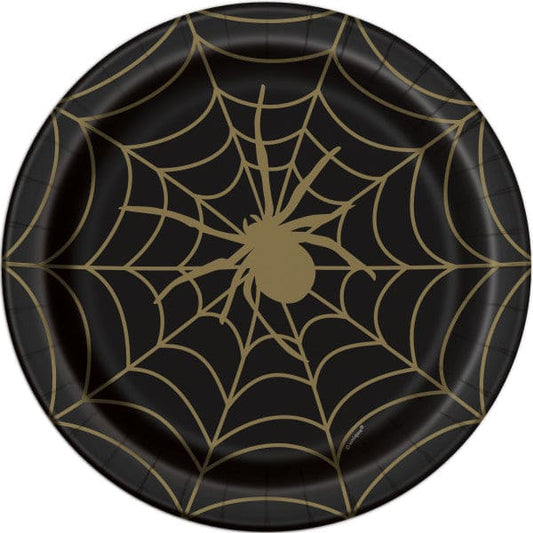 Black and Gold Spider Web 9in Round Dinner Paper Plates 8 Ct