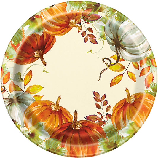 Watercolor Fall Pumpkins 9in Round Dinner Paper Plates 8ct