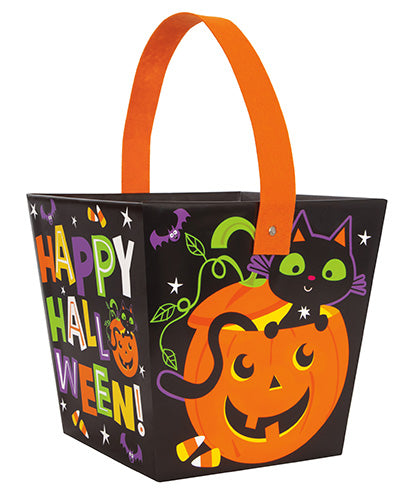 Cat & Pumpkin Paper Board Bucket 8in x 7.5in