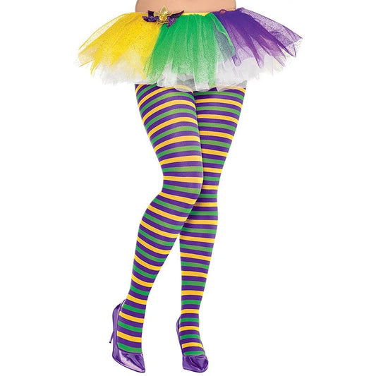 Mardi Gras Striped Adult Tights - Plus Size