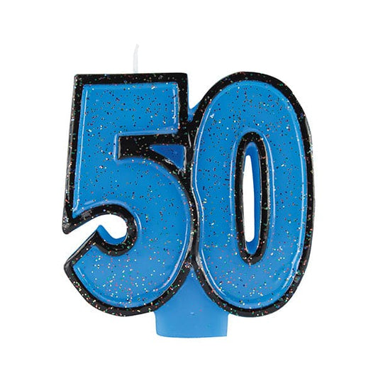 50th Glitter Candle Blue