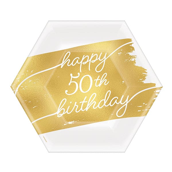 Golden Age Birthday 50th 7in Hexagon Metallic Paper Plates 8ct