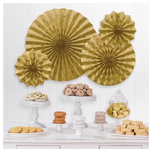 Glitter Paper Fans Gold 4ct