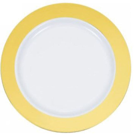 White 10.25in with Gold Border Round Plastic Plates 8ct
