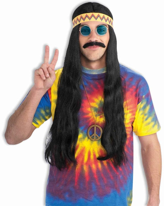 Hippie Dude Long Black Wig w/ Headband