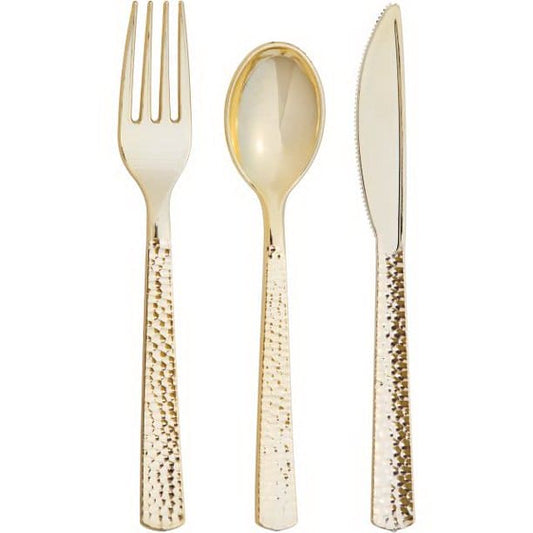 Gold Hammered Plastic Cutlery 24 Ct