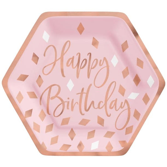Blush Birthday 7" Hexagon Plate Metallic 8 Ct