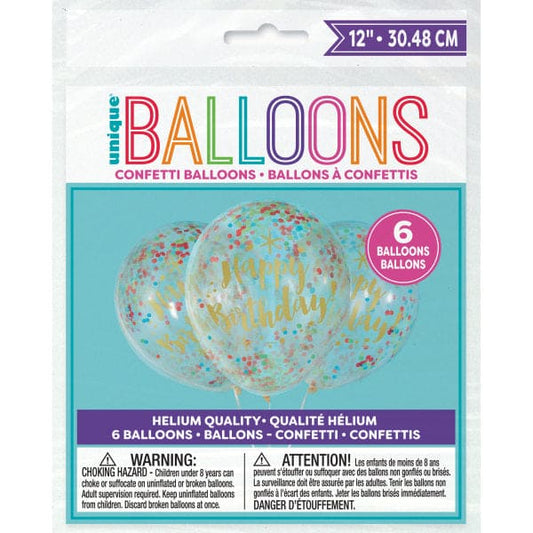 Gold Script Birthday w/Multi Color Confetti 12in Latex Balloons