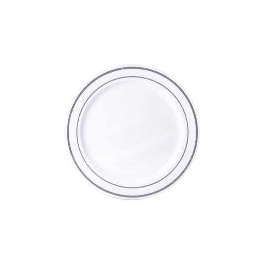 White with Silver Trim 6in Round Plastic Plates 12 Ct
