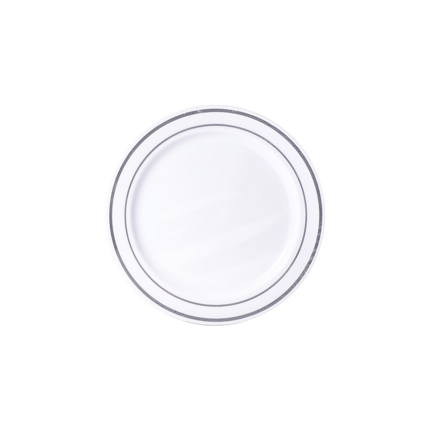 White with Silver Trim 6in Round Plastic Plates 12 Ct