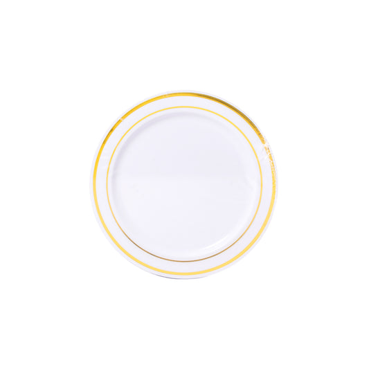 White with Gold Trim 6in Round Plastic Plates 12ct