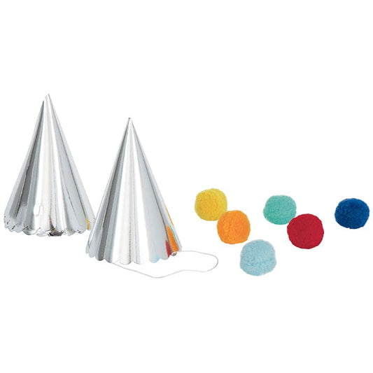 Silver Paper Cone Hats with Pom Pom 6ct