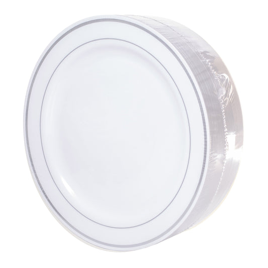 White with Silver Trim 9in Round Plastic Plates 50ct