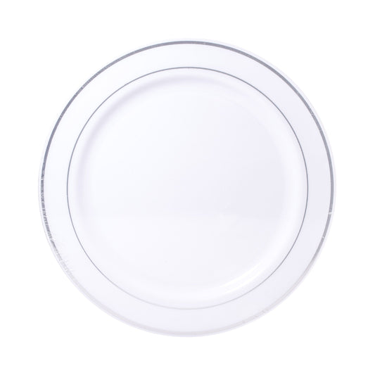 White with Silver Trim 10.25in Round Plastic Plates 8ct