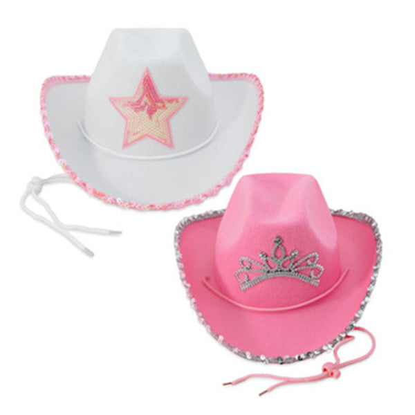 Cowboy Hat Ladies Sequin Rim White With Pink Star Or Pink With Tiara