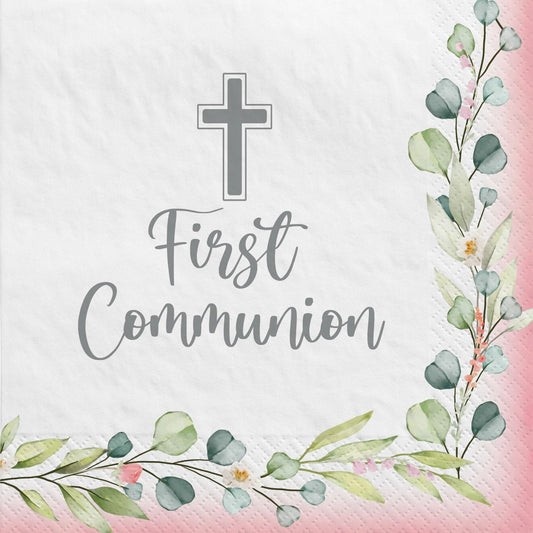 My First Communion Beverage Napkins - Pink 40 Ct
