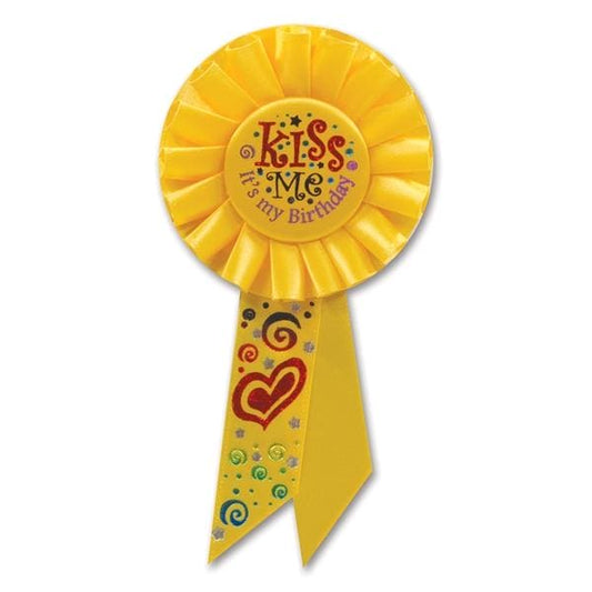 Kiss Me, It's My Birthday Yellow Rosette Ribbon