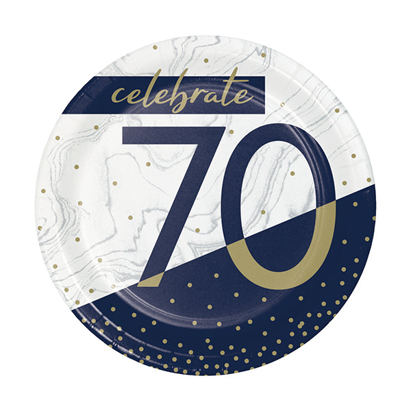 Navy & Gold Milestone 70th 7in Round Luncheon Paper Plates 8ct