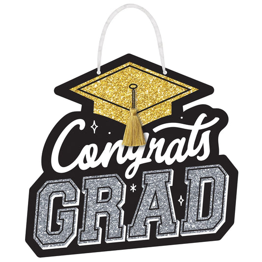 Congrats Grad Glitter Sign - Black, Silver, Gold
