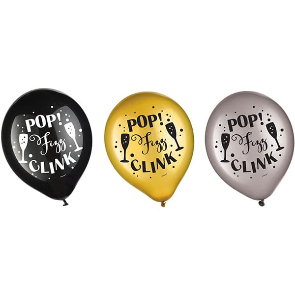 Happy New Year Printed Latex Balloons - Black, Silver, Gold 15ct