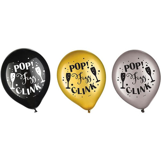 Happy New Year Printed Latex Balloons - Black, Silver, Gold 15ct