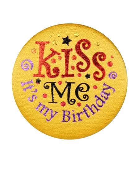 Kiss Me, It's My Birthday Yellow Satin Button