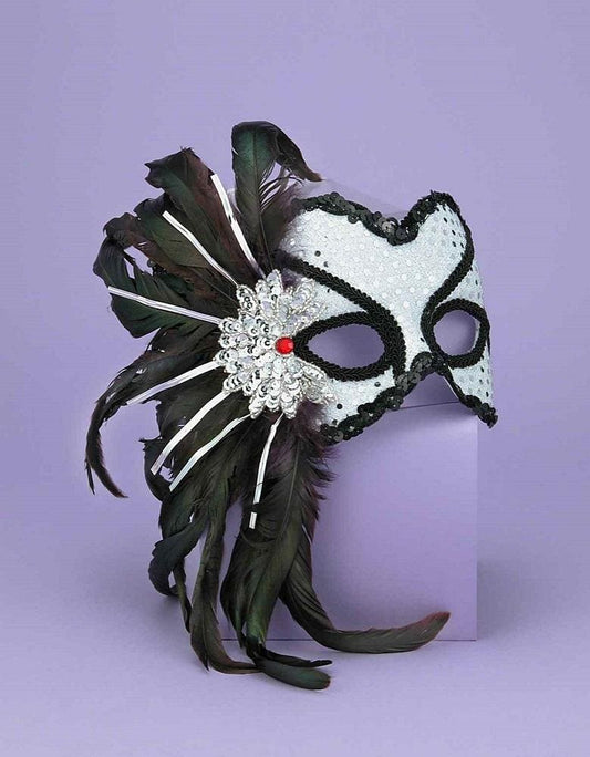 Mardi Gras Deluxe Venetian Half Mask with Feather