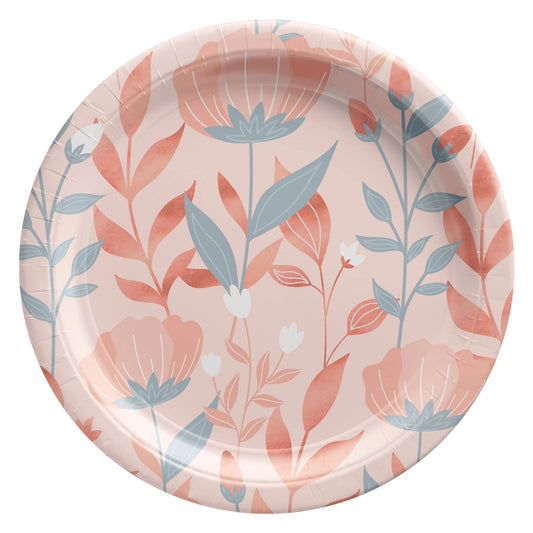 Rose Gold Floral Metallic 6 3/4in Round Lunch Plates 20 Ct