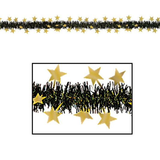 Metallic Gold Star Tinsel Garland Black/Gold 12ft