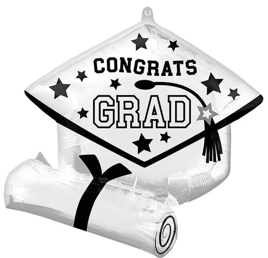 Congrats Grad White Cap 25in Metallic Balloon