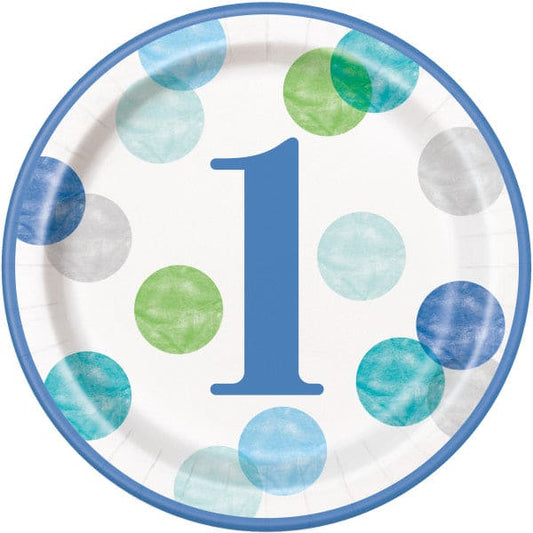 First Birthday Blue Dots 9in Round Dinner Paper Plates 8 Ct