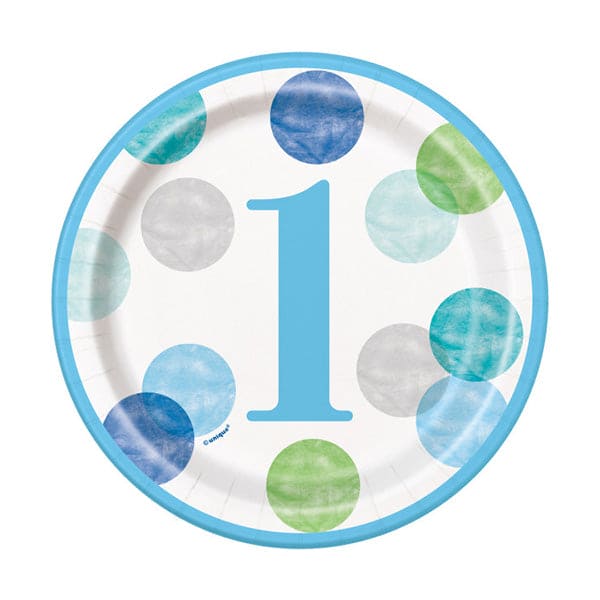 First Birthday Blue Dots 7in Round Luncheon Paper Plates 8 Ct