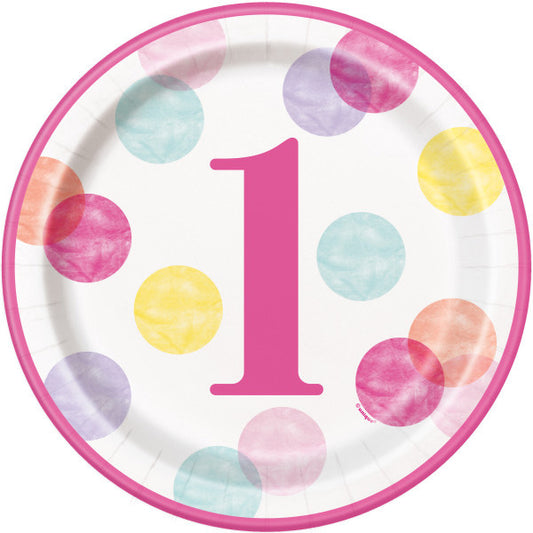 First Birthday Pink Dots 9in Round Dinner Paper Plates 8 Ct