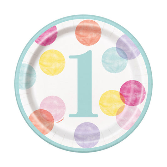 First Birthday Pink Dots 7in Round Luncheon Paper Plates 8 Ct