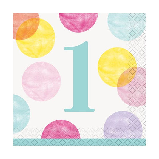 First Birthday Pink Dots Beverage Napkins 16 Ct