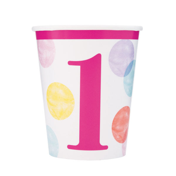 First Birthday Pink Dots  9oz Paper Cups 8 Ct