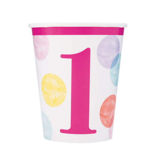 First Birthday Pink Dots  9oz Paper Cups 8 Ct