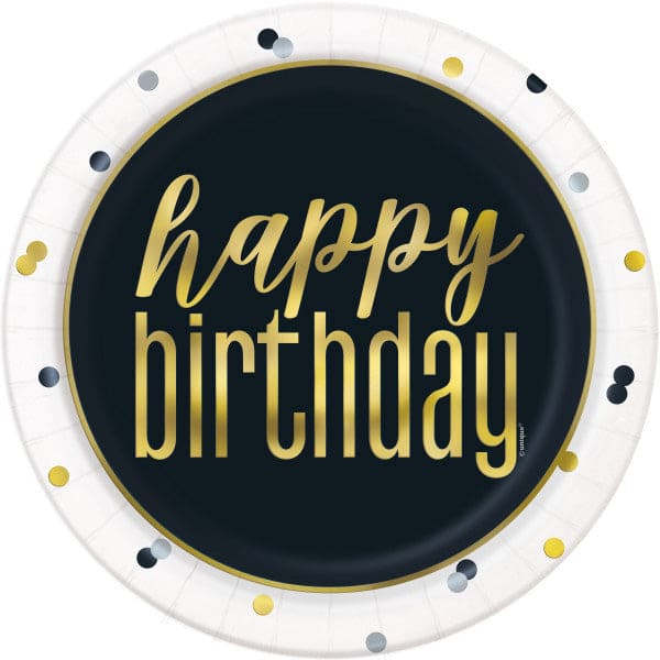 Metallic Happy Birthday 9in Round Dinner Paper Plates 8 Ct