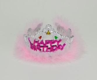 Happy Birthday Silver Flashing Tiara w/ Pink Marabou Feather