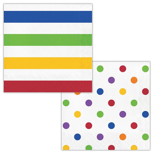 Multicolor Polka Dots and Stripes Luncheon Napkins 16 Ct