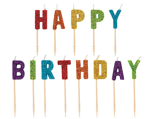 Rainbow Glitter Happy Birthday Pick Candles 13ct