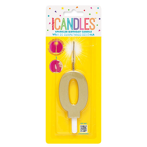 Gold Sparkler Birthday Candle Numeral 0
